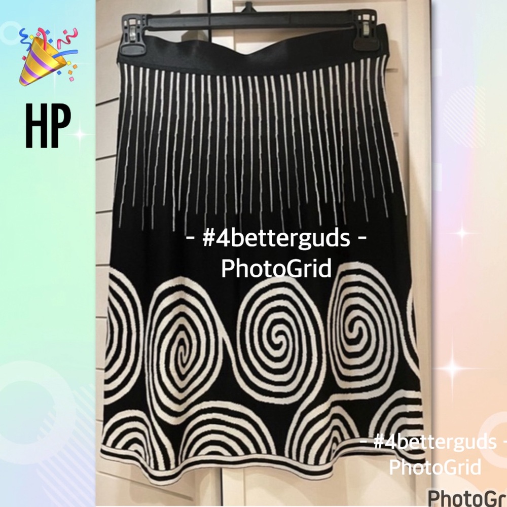 Charlie B Abstract Artistic Black with White Elastic Waistband Midi Skirt P/S SP
